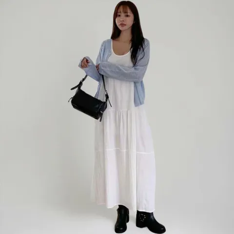 |CHO5725|여성 클래식 무지 원피스 루즈핏 민소매 롱 캉캉 드레스