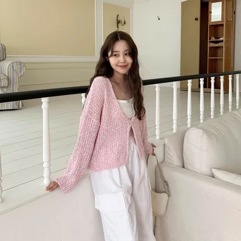 |KMJ64EA|여성 루즈핏 긴팔 가디건 원버튼 부클 디자인