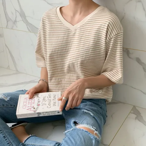|KHTA645|여성 브이넥 스트라이프 루즈핏 반팔 티셔츠 +할인쿠폰