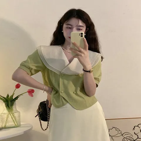 블라우스 셔츠 브라우스 여자 벌룬소매 이중 쉬폰 빅카라 자켓 여름