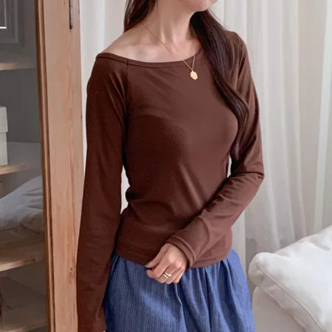 |KST9976|여성 원숄더 보트넥 슬림 롱슬리브 티셔츠