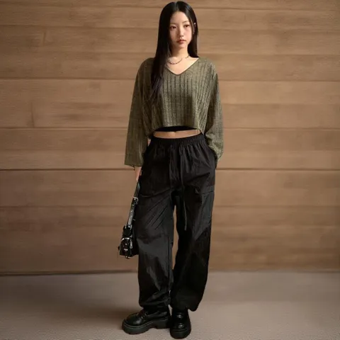 |KMT90D5|여성 세미 시스루 세로 골지 브이넥 긴팔 크롭 니트