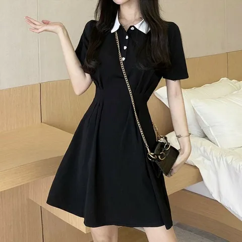 원피스 OPS 홈웨어 여성 하트 단추 포인트 카라 반팔 미니