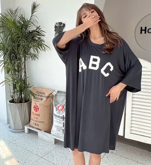 원피스 OPS 홈웨어 여성 빅사이즈 반팔 프린팅 영문 H라인 이지 웨어 오버핏
