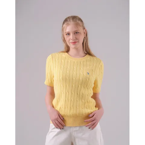 [U.S. POLO ASSN.] 코튼100 케이블 반팔 라운드니트 여성 +할인쿠폰