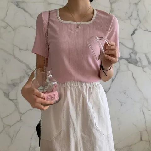 아트박스/신상오픈런 여성 스퀘어넥 리본 자수 골지 반팔 티셔츠 +할인쿠폰