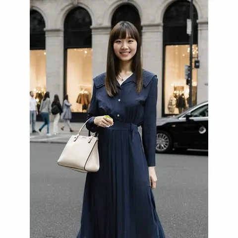 [하프클럽/이앤씨]EnC 네이비 셔츠형 플리츠 드레스 ENOW31201W