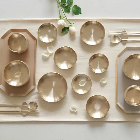 놋담 방짜유기 봄꽃 2인 반상기세트+실크양면 보자기 선물포장 or 수세미 1P