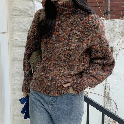 [하프클럽/옷자락]여자 겨울 빈티지 폭닥 보카시 레인보우 폴라넥 니트