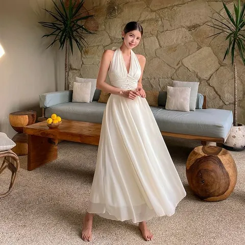 [하프클럽/비바럽]그리니치 비치 원피스 OP20068F 아이보리 쉬폰 셀프웨딩 홀터 롱 리