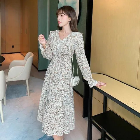 [하프클럽/다잇템]여자 V넥 꼿패턴 남들이룩 프릴 SS 롱원피스