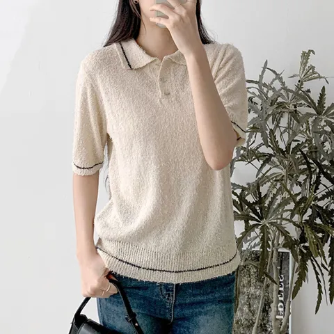 H스타일(KN)루프카라단니트반팔니트티 봄 간절기 여성 니트티 스웨터 데일리 반팔
