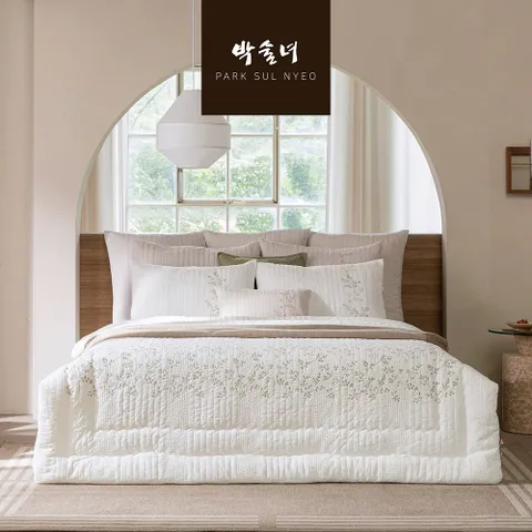 [박술녀 한복 시그니처 디자인 그대로][Q/퀸] 박술녀 통워싱 순면 차렵 침구 풀세트 : 작품명 초연 / 이불+패드+베개커버 +할인쿠폰(차렵이불+누빔패드+베개커버 세트)