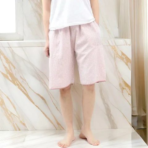 남자 면원단 패턴 격자 실내복 하프 바지