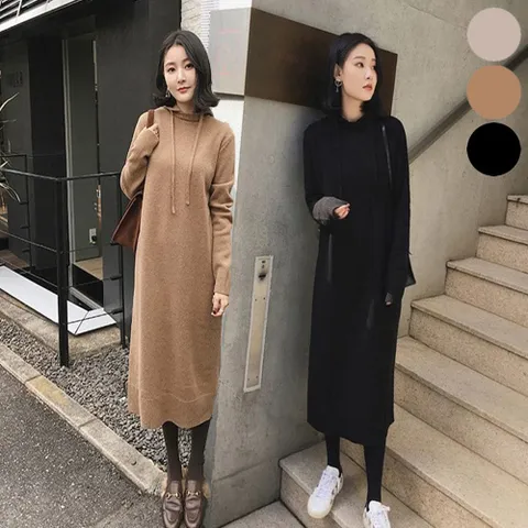겨울원피스 OPS 홈웨어 후드 달린 니트 롱원피스 따뜻 여성 겨울