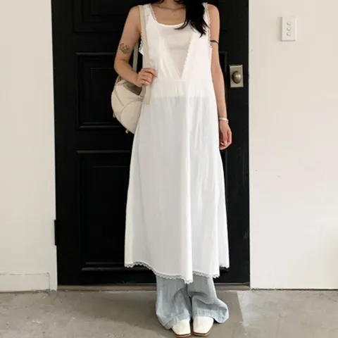 |KMO559F|여자 민소매 무지컬러 셔링 바스트 롱 원피스