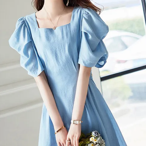 [하프클럽/스윗트리]셔링 퍼프소매 스퀘어 미디 원피스(h0099)