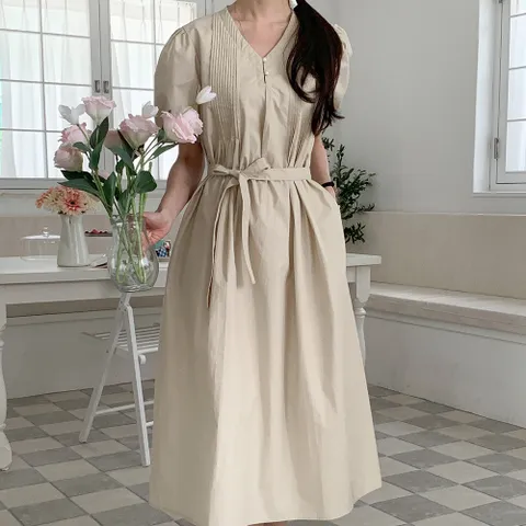 여자 벌룬반팔 스트랩 핀턱 브이 하객룩여름 롱원피스