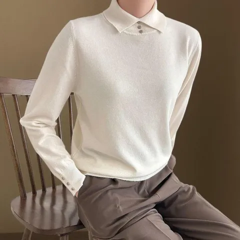 |CST9D97|여성 직장인 룩 기본 버튼 카라 니트 무지 스타일 +할인쿠폰