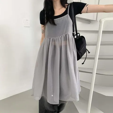|KHO560E|여성 레이어드 플레어 시스루 미니 드레스
