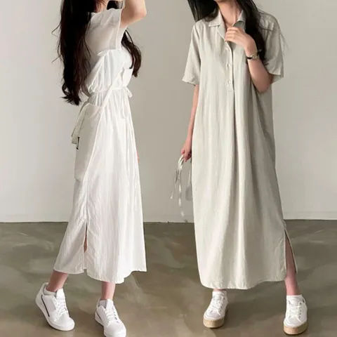 여자 SS 쿨링 내추럴 빅사이즈 카라 반소매 원피스