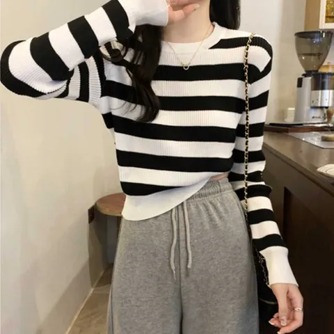 니트티셔츠 긴팔 스웨터 여자 간절기 데일리 출근룩 스트라이프 골지 니트