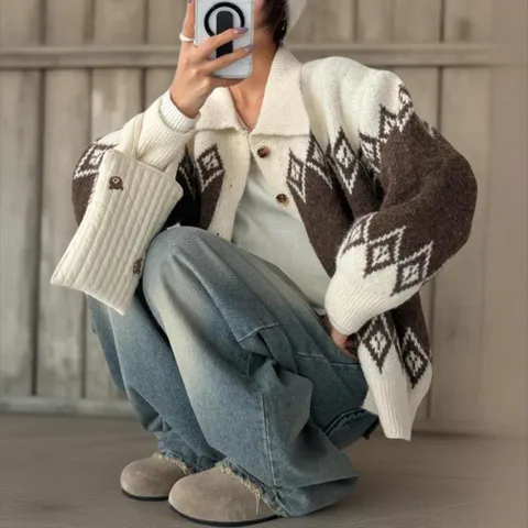 |CSJ69AA|여성용 다이아몬드 배색 카라넥 퍼프 오버핏 가디건