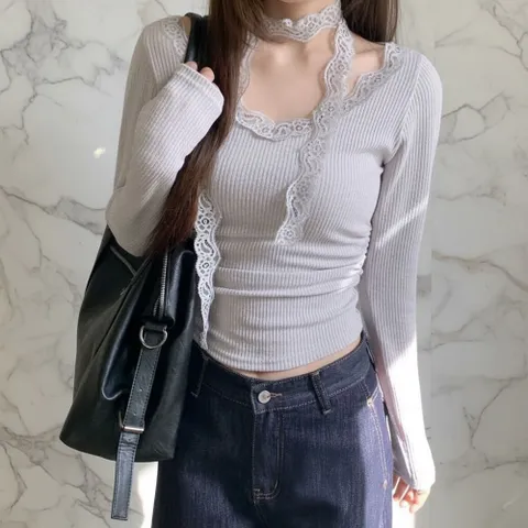 |KHTA52D|여성 브이넥 레이스 스카프 세트 골지 티셔츠