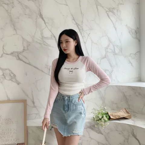|KHTA567|여성 배색 라운드넥 스트링 나그랑 티셔츠 - 현대Hmall