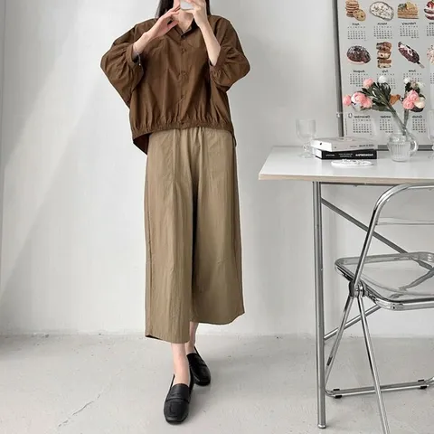 [하프클럽/다잇템]여자 바스락 시보리 나일론 하렘 밤색 셔츠