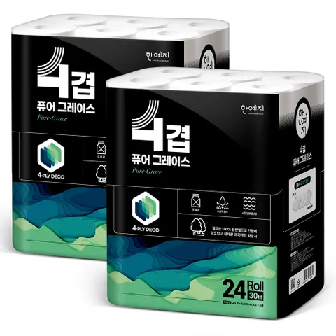 한예지 퓨어그레이스 4겹 천연펄프 화장지 30m 24롤 2팩 +할인쿠폰