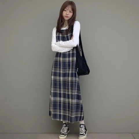 |CMO57B7|여성 러블리 배색 체크 나시 롱 원피스 사이드 스트링