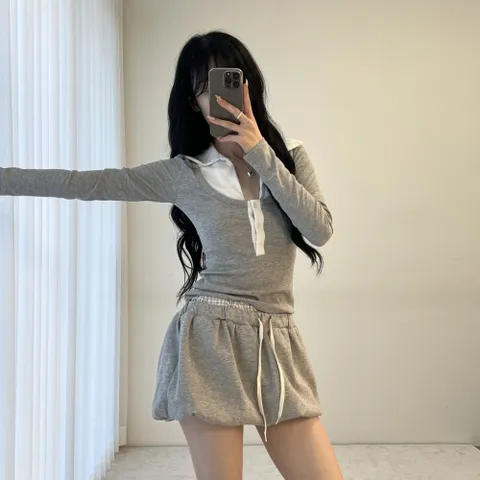 여자 배색 카라넥 버튼 슬림핏 크롭 여름긴팔 티셔츠