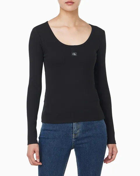 [현대백화점] [캘빈클라인진] 47D218G 여성 L/S 우블 라벨 스쿱넥 립 티셔츠 +할인쿠폰