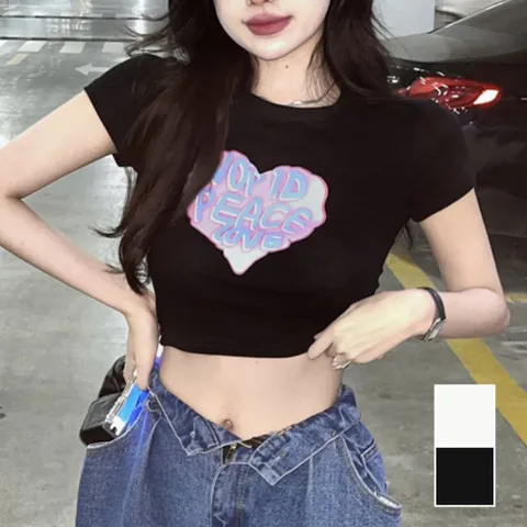 여자 크롭프린팅 하트 라운드 반팔 티셔츠 SDW-TSH-SURD207