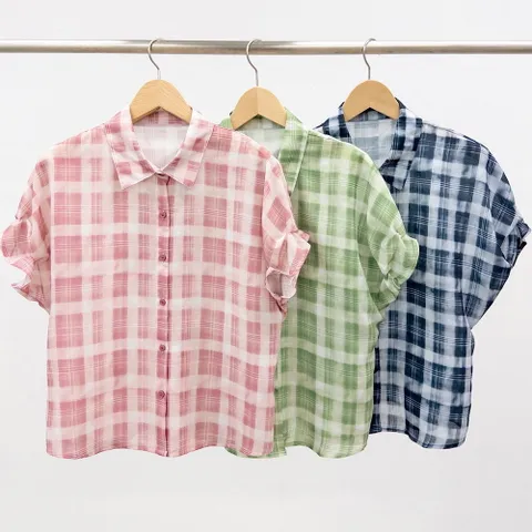 여성 체크린넨 반소매 여름시스루 잔주름 블라우스