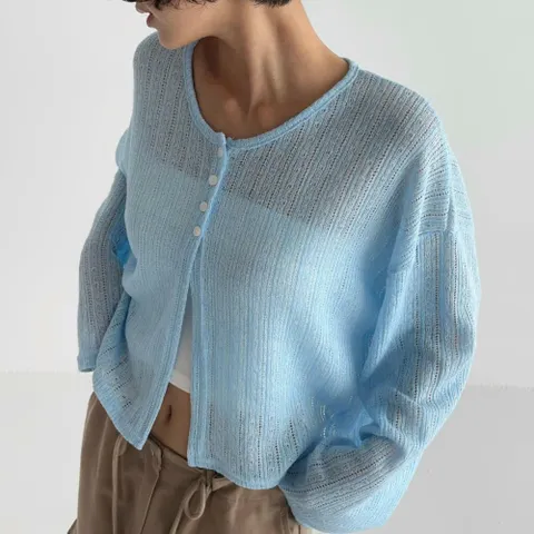 여자 여름긴팔가디건 탱크 롱슬리브 비침 반버튼 가디건