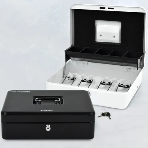 [현대오피스] 소형 가정용 미니 카운터 수제금고 N-402K 블랙 화이트 열쇠형 지폐4칸 동전5칸 돈통 금전함