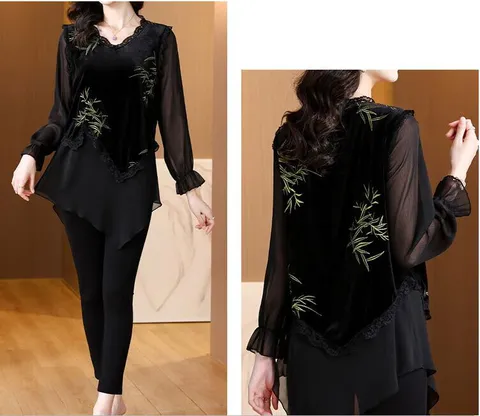 블라우스 브라우스 셔츠 여성롱 벨벳매치 쉬폰 롱