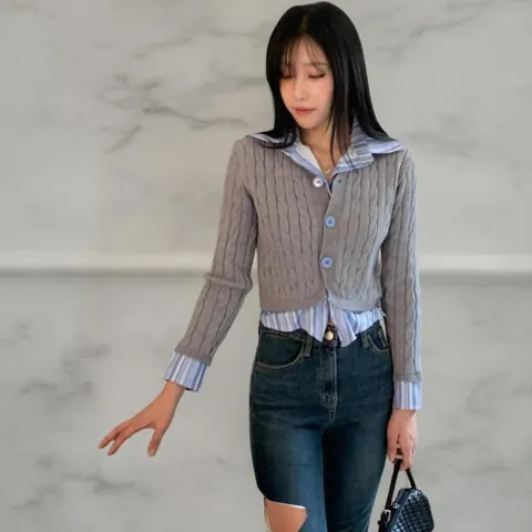 |CHJ67C1|여성 데일리 레이어드 셔츠 니트 가디건