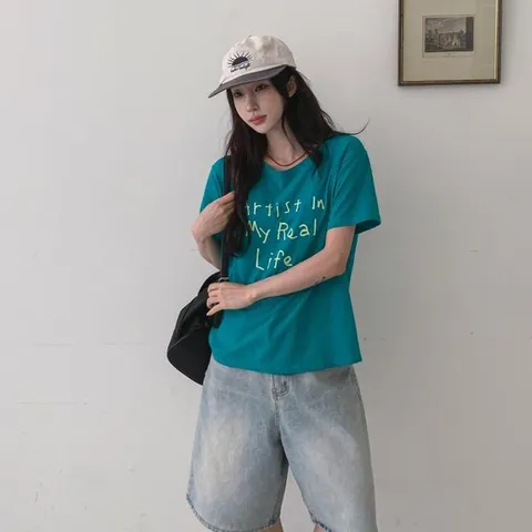 [하프클럽/옷자락]여자 데일리룩 캐주얼 오버핏 레터링 반팔 티셔츠