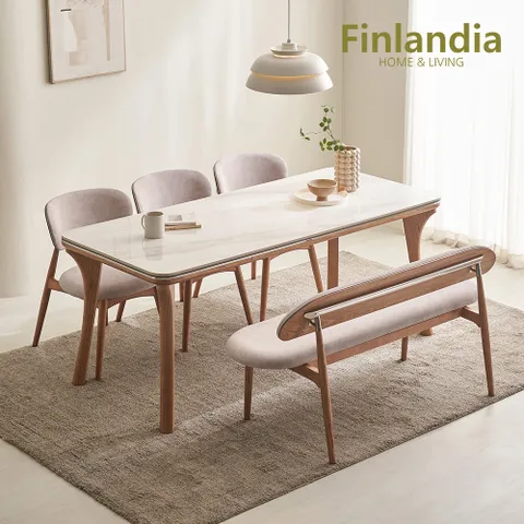 핀란디아 헤이그 포세린 양면 세라믹 애쉬원목 6인식탁세트(의자3+벤치1)