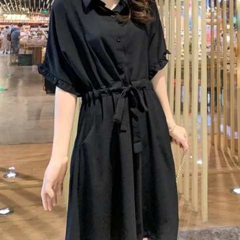 원피스 OPS 예쁜 여성 허리 조절 스트링 반필 카라 셔츠형