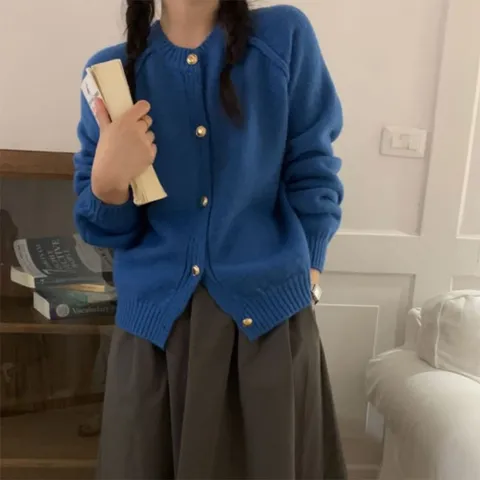 여자 겨울 비비드 레트로 라운드 단추 울 가디건_50 +할인쿠폰