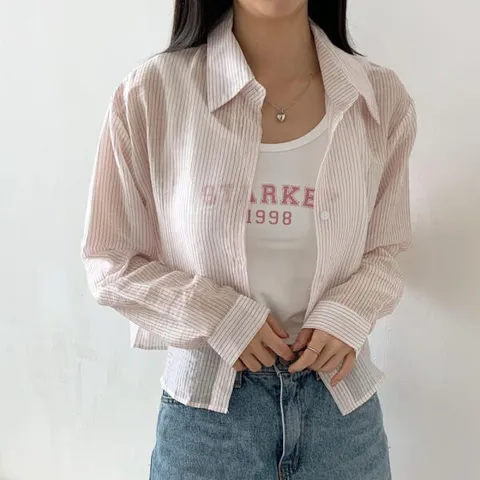 아트박스/신상오픈런 여성 여름 스트라이프 크롭 나시와 셔츠 세트 +할인쿠폰