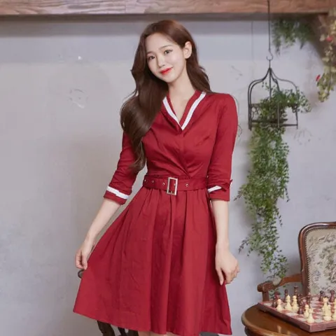 아트박스/교복몰 미스개화기 레드 화이트라인 벨트 원피스 레트로