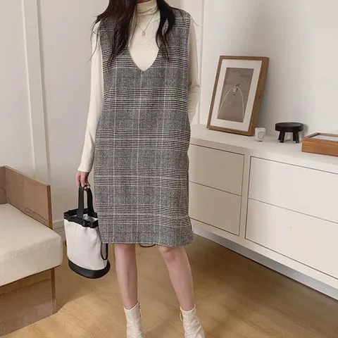 [하프클럽/다잇템]여자 코디 격자 그런지 슬리브리스 V넥 원피스