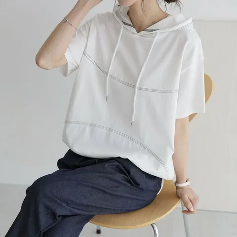 [하프클럽/다잇템]여자 자수 썸머 반팔후드티 박시핏 티셔츠