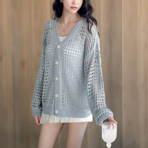 |CSJ63C5|커플 브이넥 레드 펀칭 니트 가디건