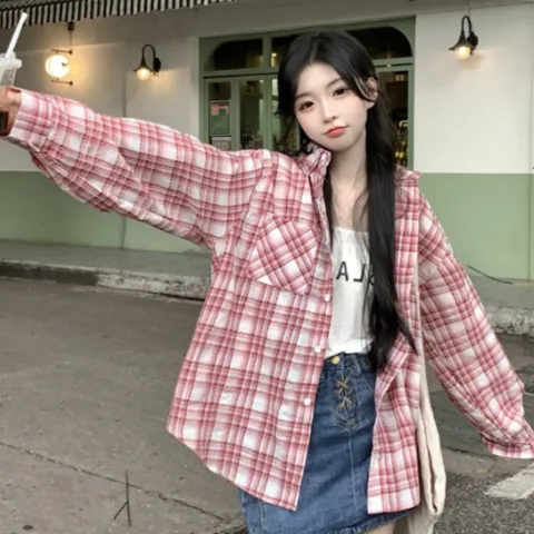 블라우스 브라우스 셔츠 긴팔 여성 오버핏 파스텔컬러 꾸안꾸 핑크 체크